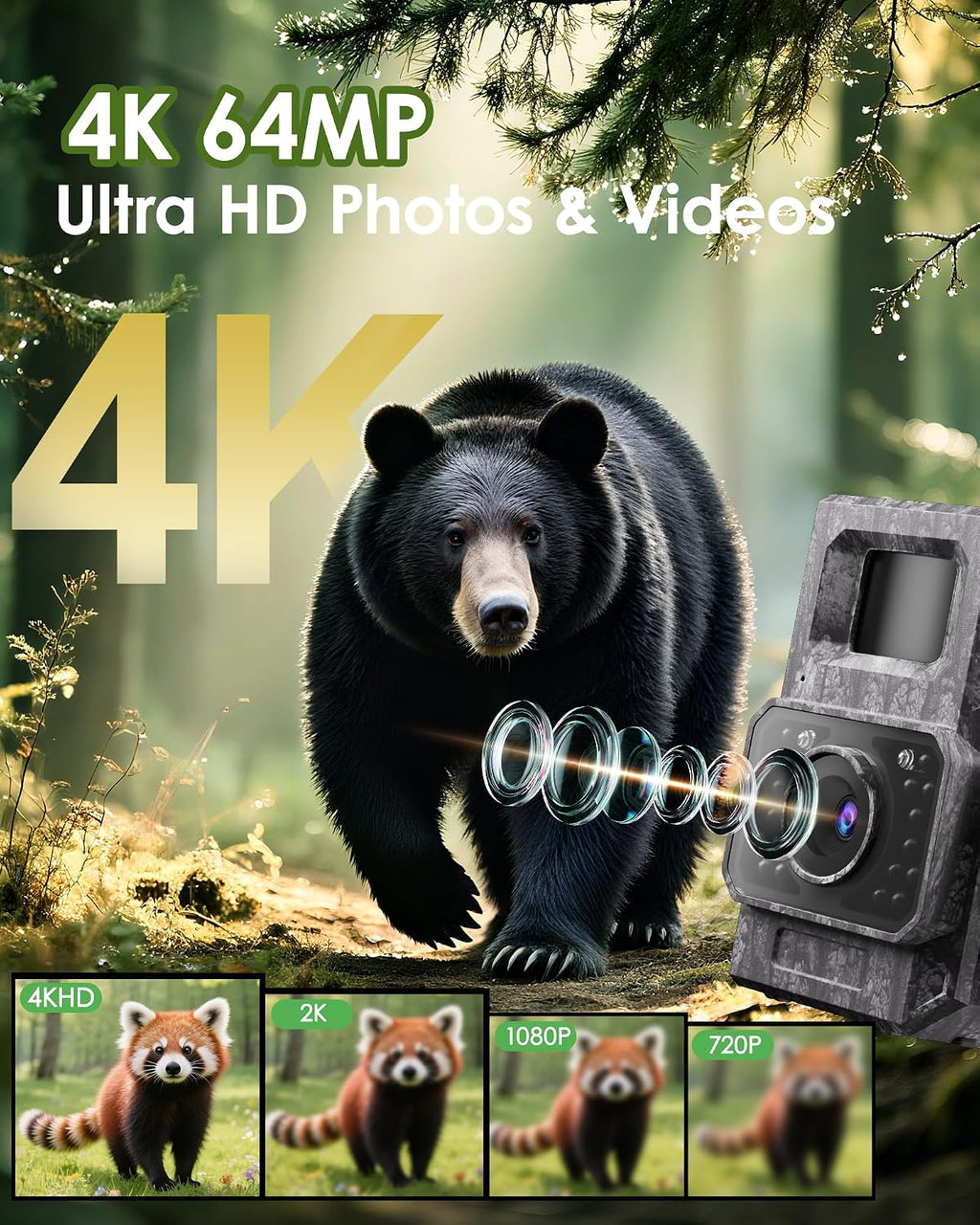 Solar Trail Camera, 4K 64MP WiFi Bluetooth Night Vision Game Camera | Trail Cam with Night Vision Motion Activated