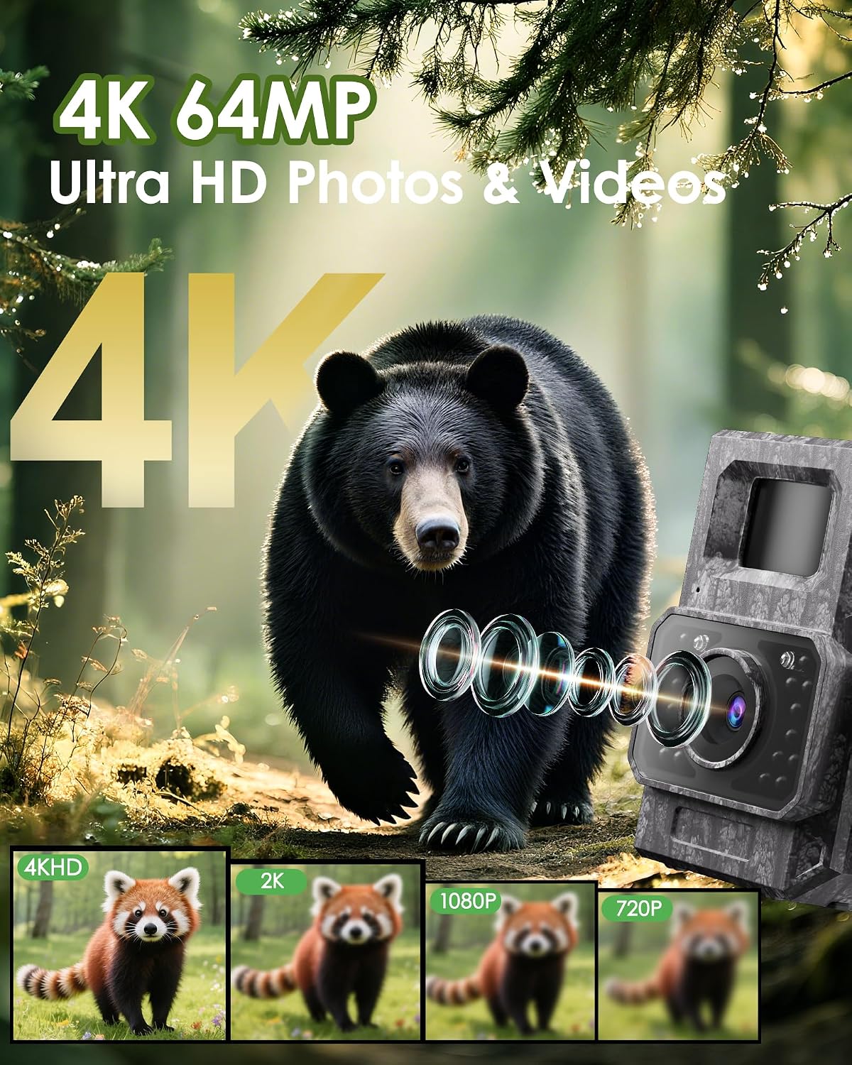 Solar Trail Camera, 4K 64MP WiFi Bluetooth Night Vision Game Camera | Trail Cam with Night Vision Motion Activated