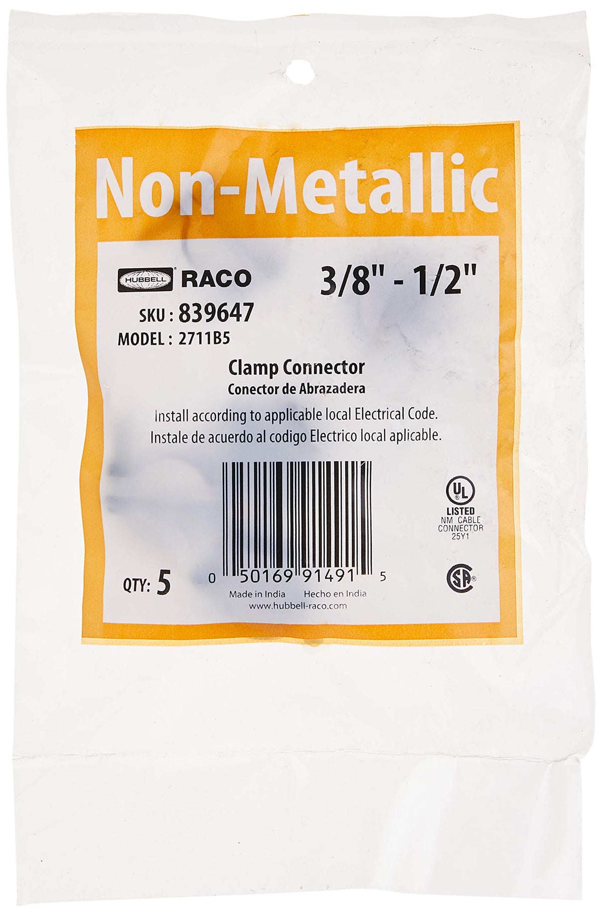 RACO 2711B5 Connector, Squeeze, NMSC Cable, 1/2-Inch, Zinc, 5-Pack