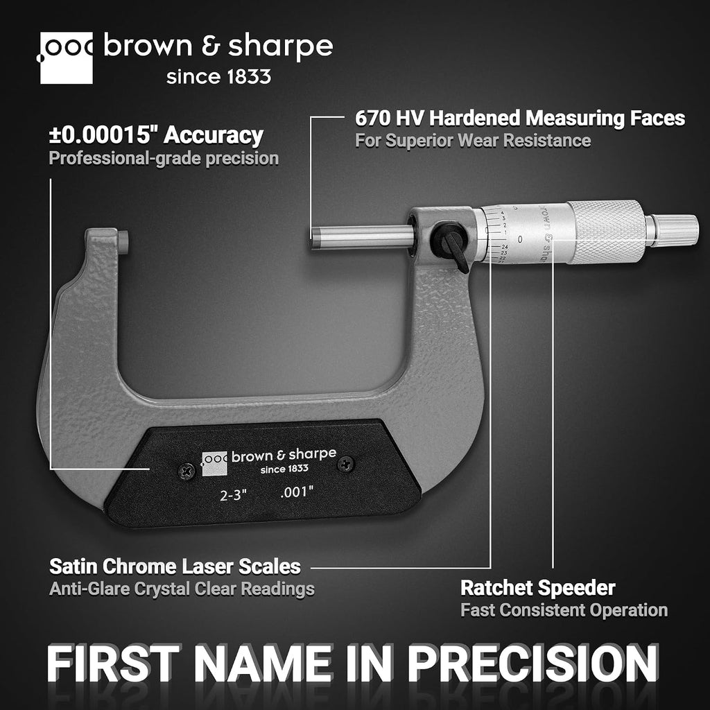 Brown & Sharpe 2-3" Outside Micrometer, 0.001" Graduation, Carbide Faces