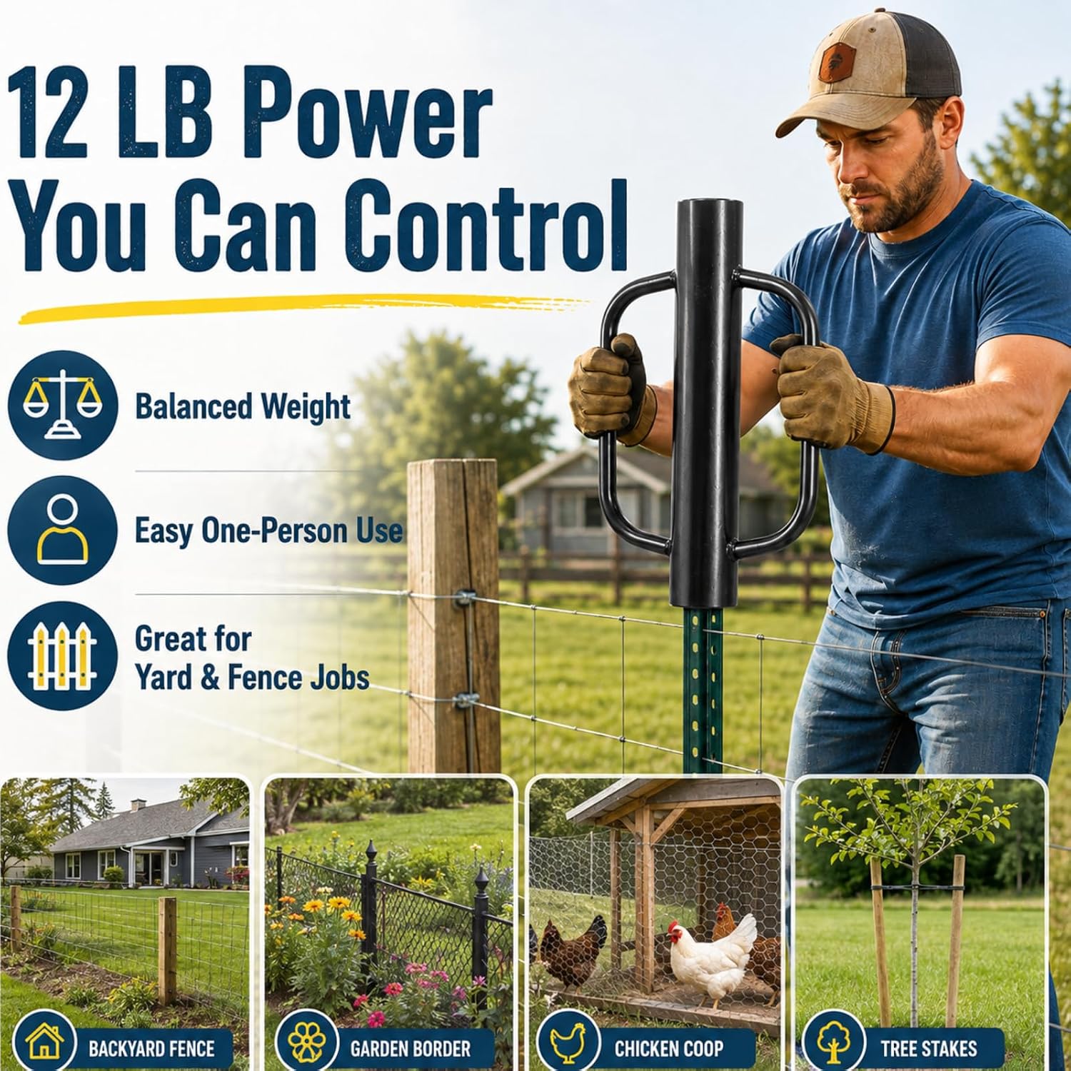 Fence Post Driver, 12 lb Manual T-Post Pounder with Dual Handles, 2.7 in