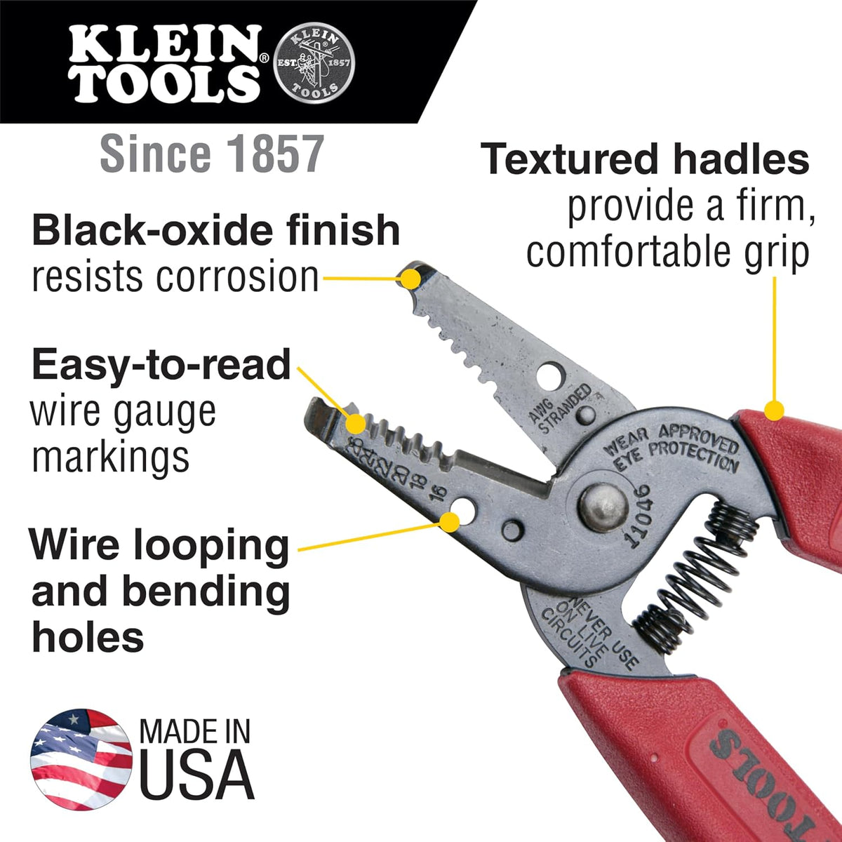 11046 Wire Stripper, Wire Cutter, Made in USA, Stripping/Cutting Tool for 16-26 AWG Stranded, Compact Nose with