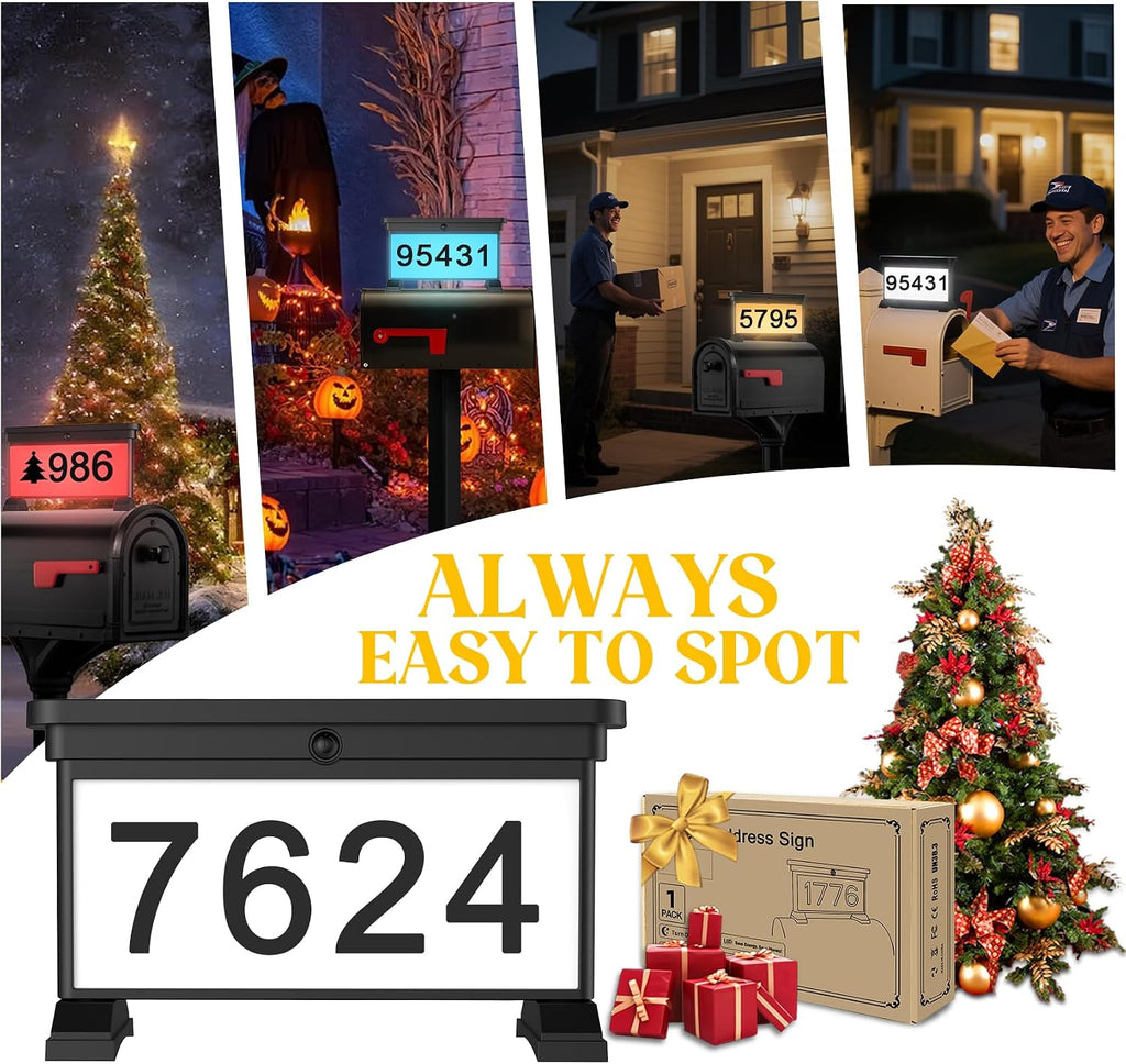 Solar Mailbox Numbers, Double Sided RGB Color Changing Address Sign, Waterproof LED Illuminated House Numbers for