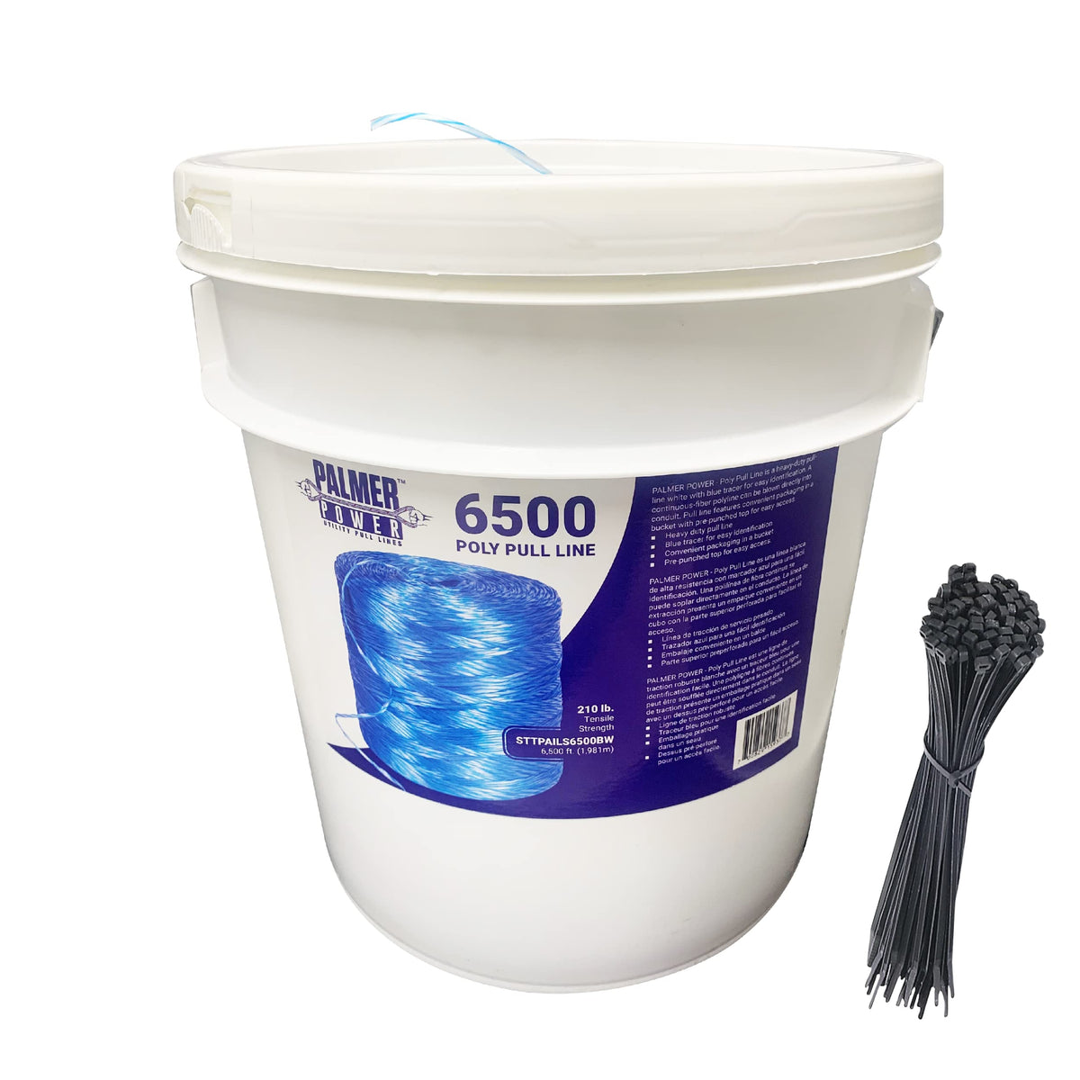 PL6501 Poly Pull Line Bundle - 210 lbs Tensile Strength, Polypropylene Twine Line - 6,500 Ft in Bucket & Reusable Lid