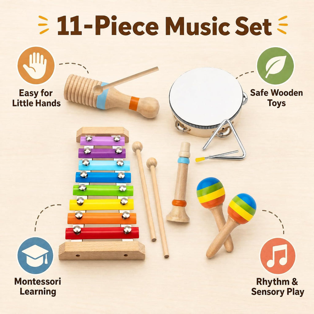 Montessori Wooden Musical Instruments for Toddlers, Educational Baby Drum Set with Xylophone & Maracas and More