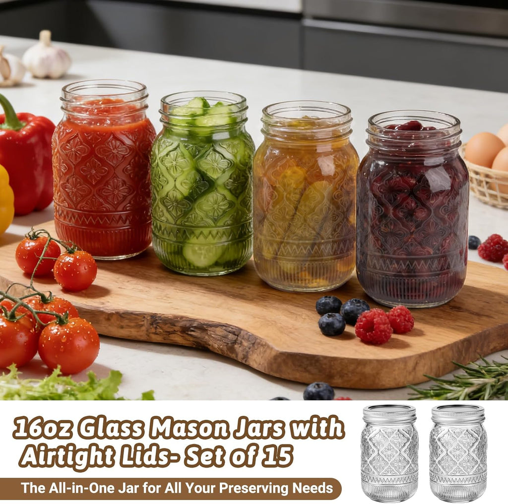 16oz Embossed Mason Jars 15-Pack with Airtight Lids and Bands