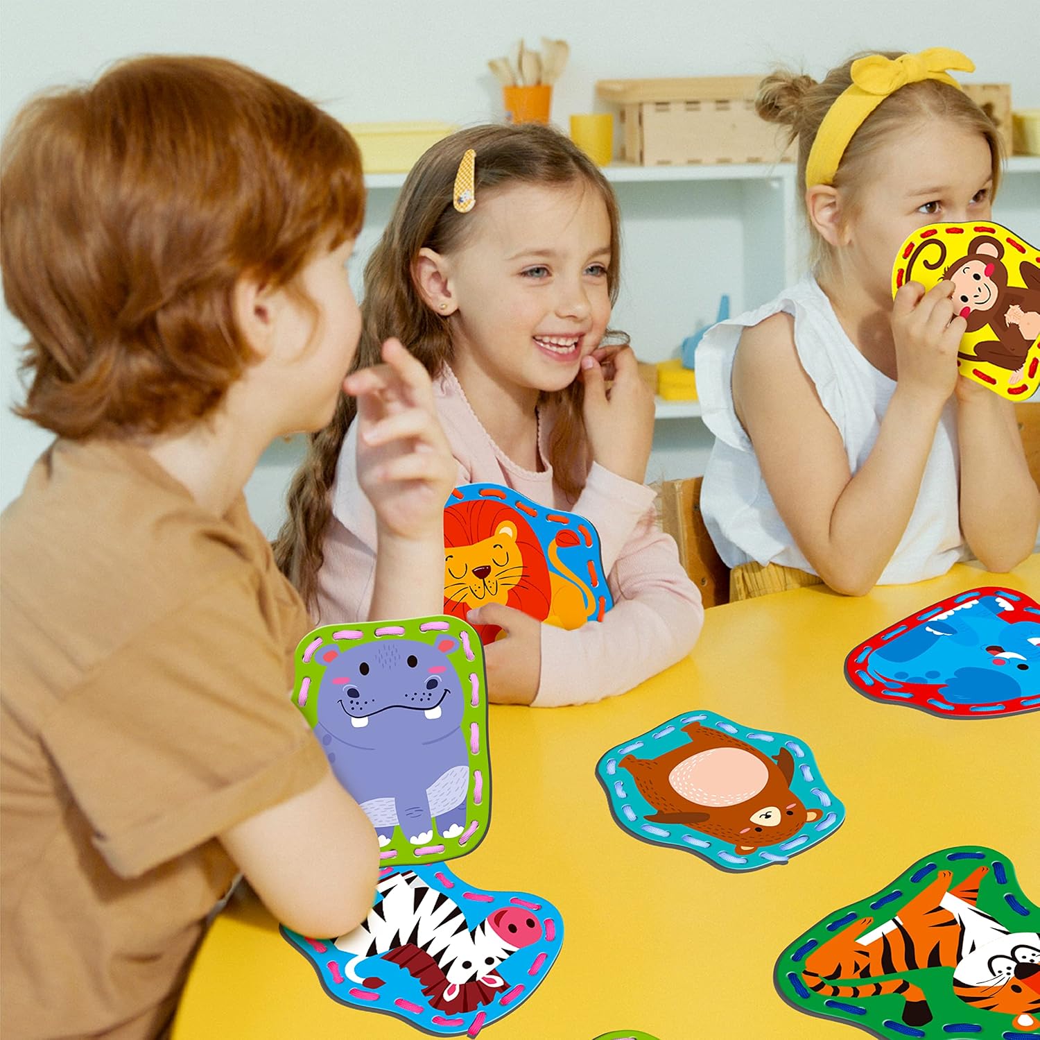 9 Pieces Kids Lacing Cards, Double Sided Sewing Cards in 9 Wild Animals with 9 Colorful Laces, Imagination
