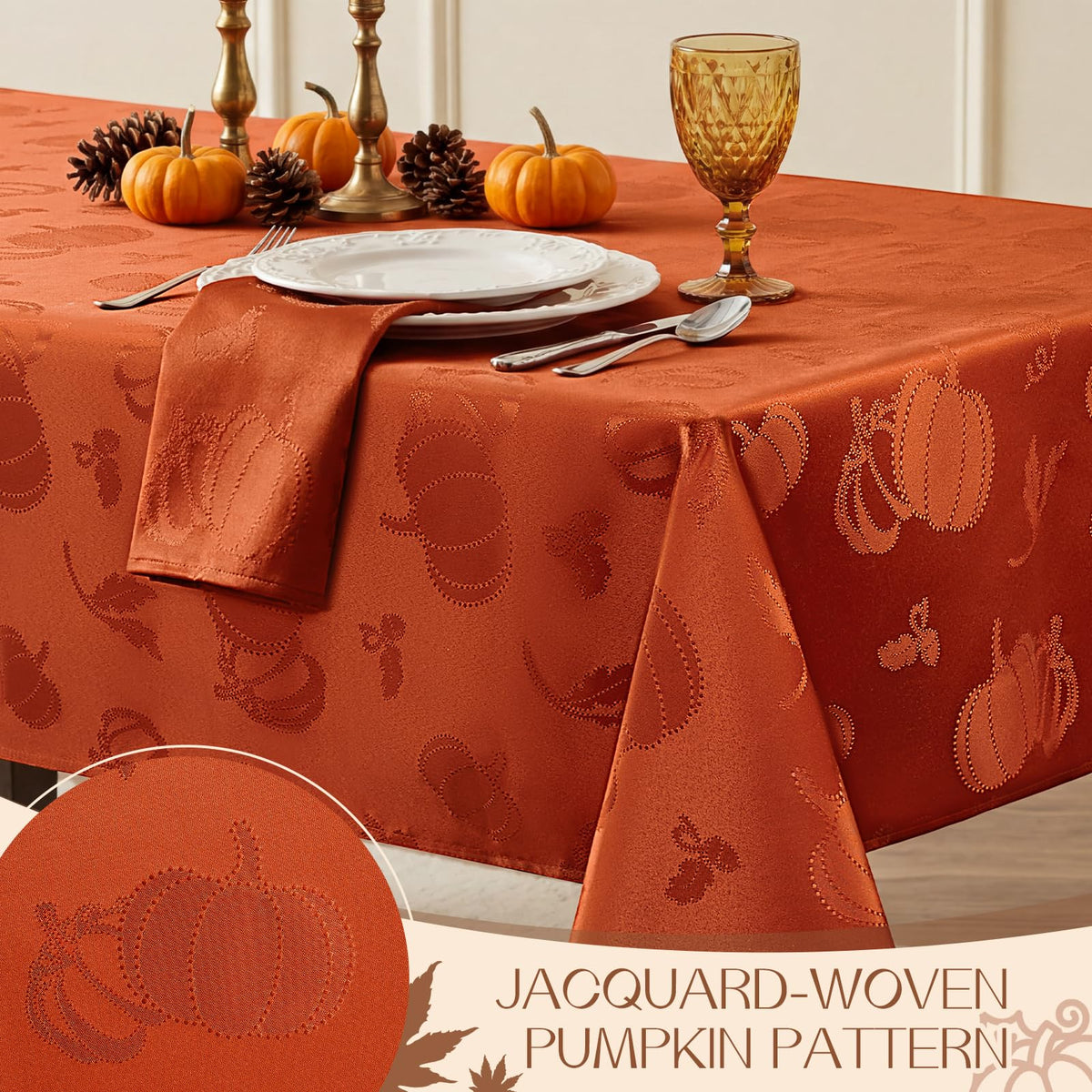 Fall Jacquard 60 x 120 Inch Rectangle Tablecloth Orange Pumpkin