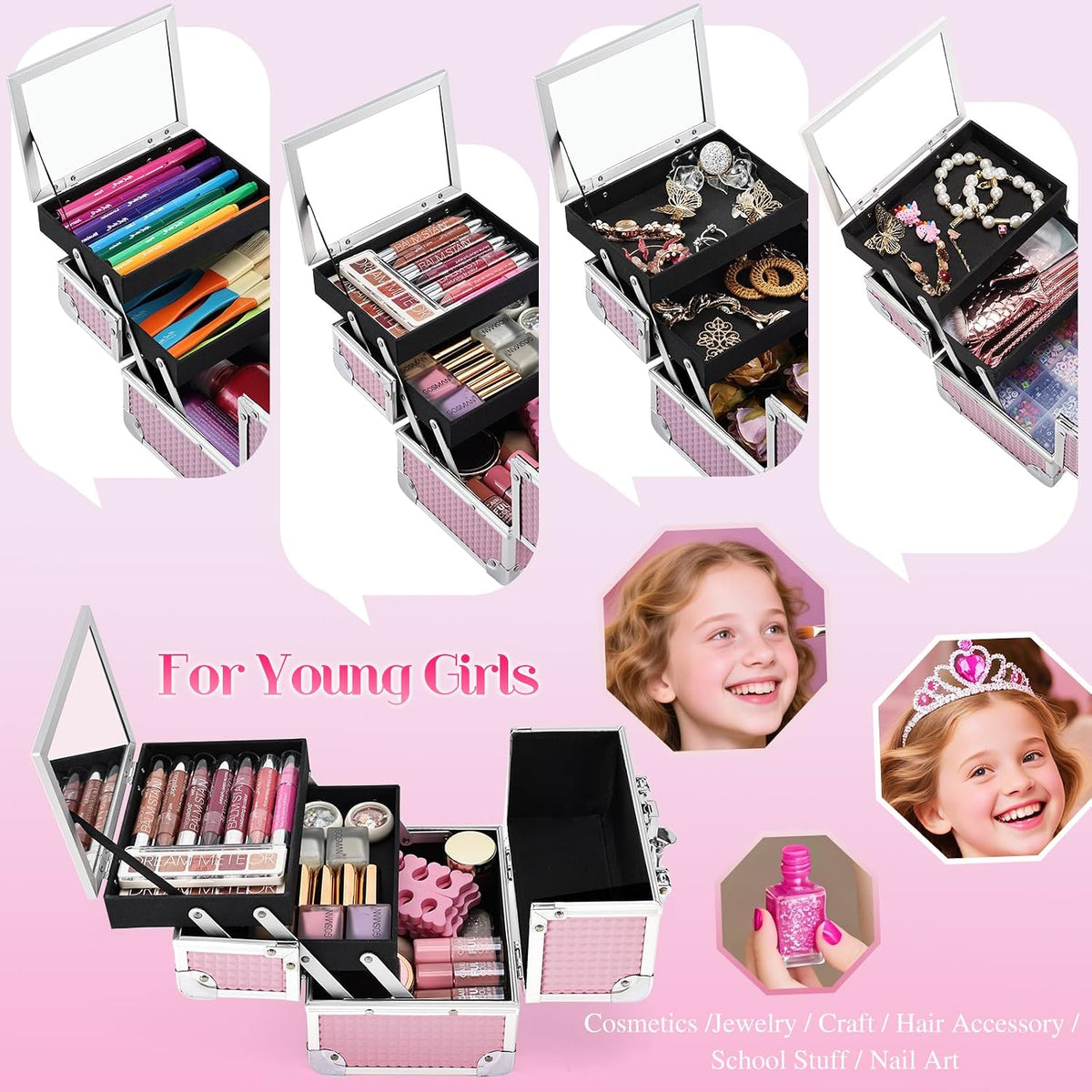 Makeup Case Portable Makeup Box Travel Train Case Cosmetic Case Organizer with 2 trays Mirror Locking Make Up Storage