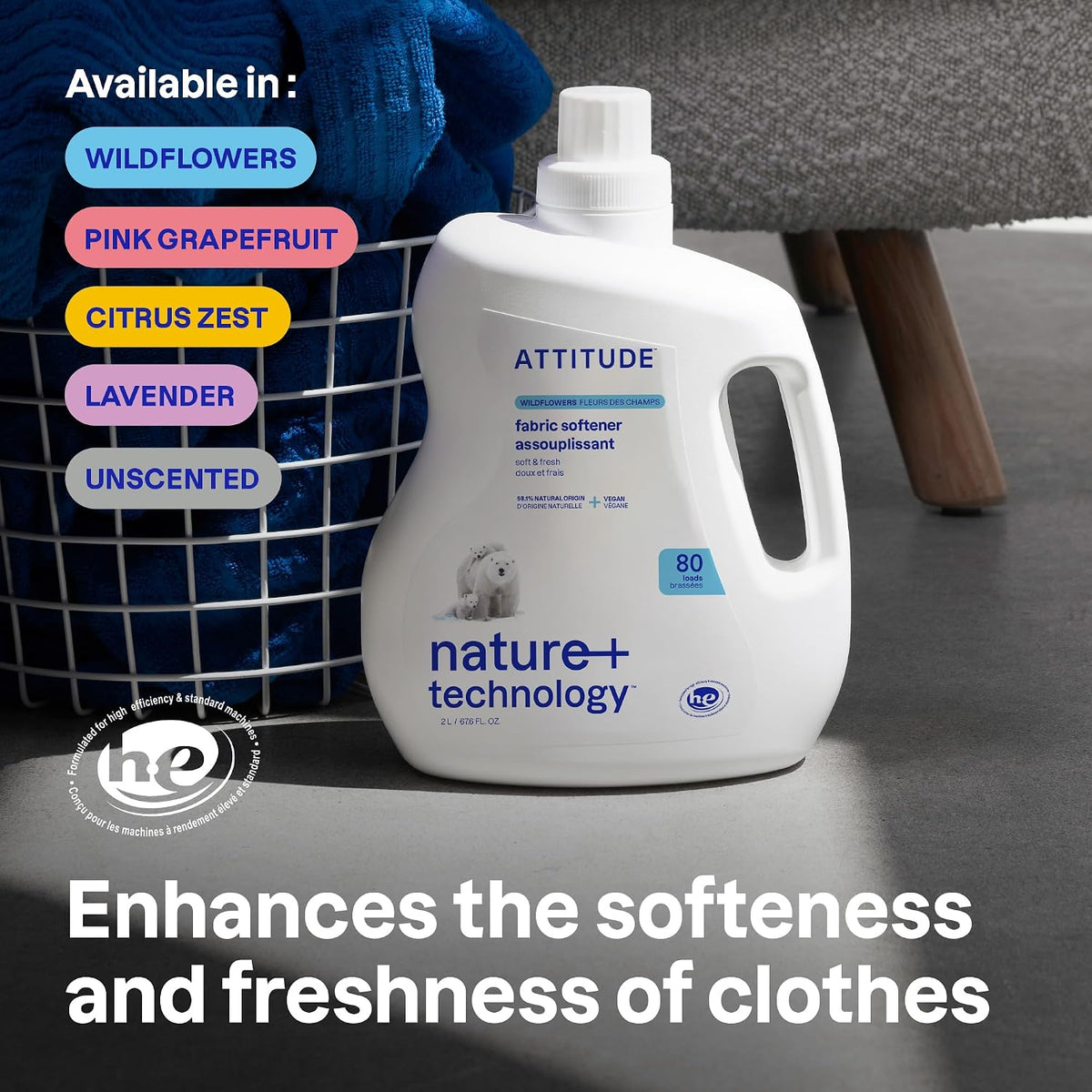 ATTITUDE Liquid Fabric Softener, Plant Based, Wildflowers, 80 Loads