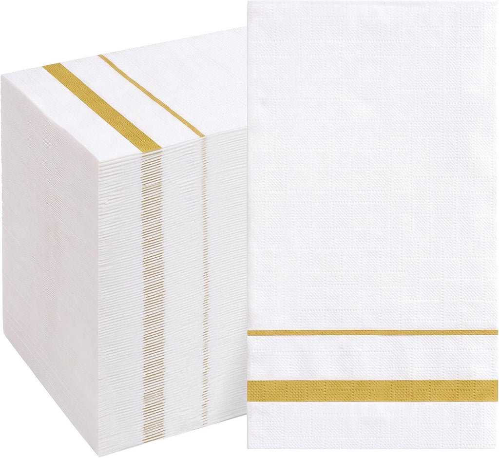 200 Pack Disposable Paper Napkins, White & Gold Trim Dinner Napkins
