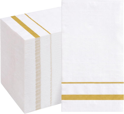 200 Pack Disposable Paper Napkins, White & Gold Trim Dinner Napkins