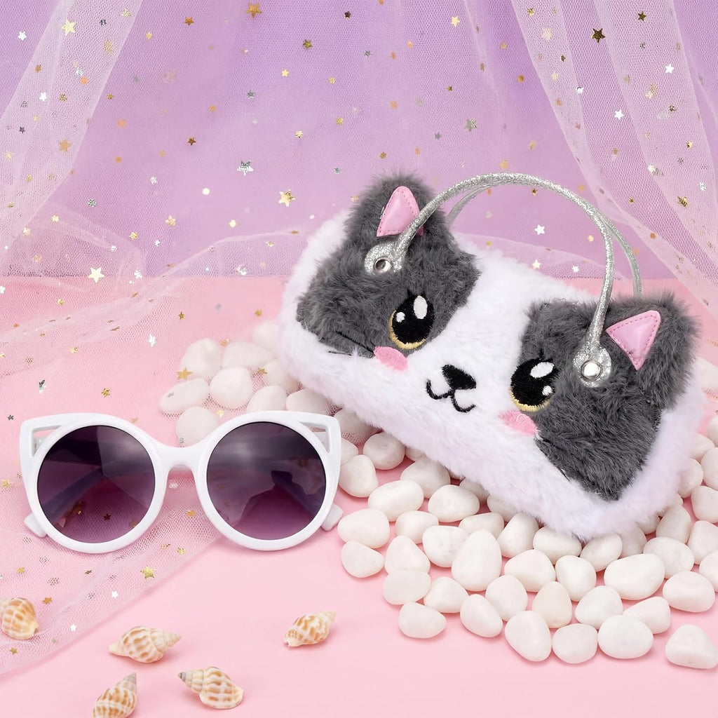 Kids Sunglasses with Girls Glasses Case, Plush Cat Eyeglass Case with Handle Girls Sunglasses UV Protection