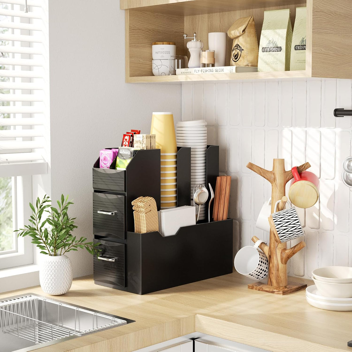 Coffee Condiment Organizer 11-Compartment Countertop 2-Drawer Black