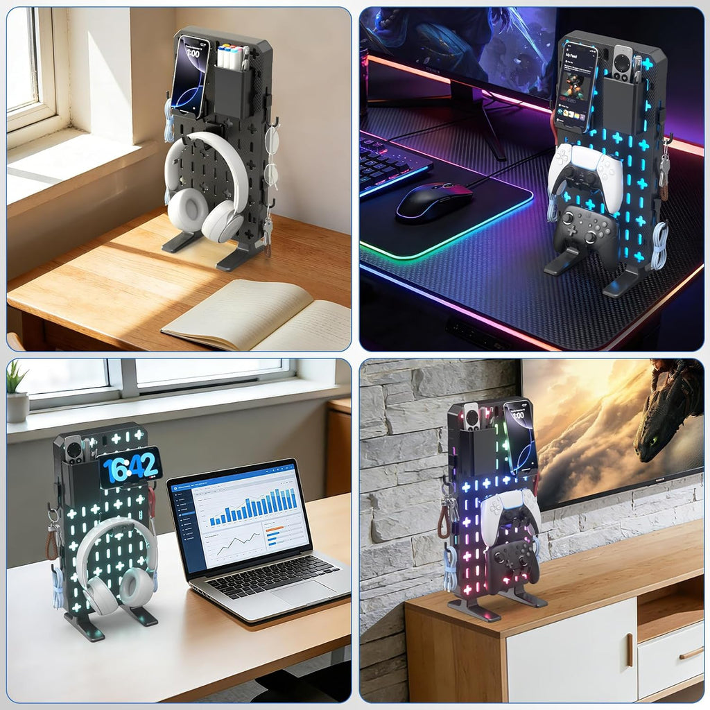 6 in 1 RGB Gaming Desk Accessories - No Drill Desk Organizer with Phone Stand/Storage Box/Headset & Controller