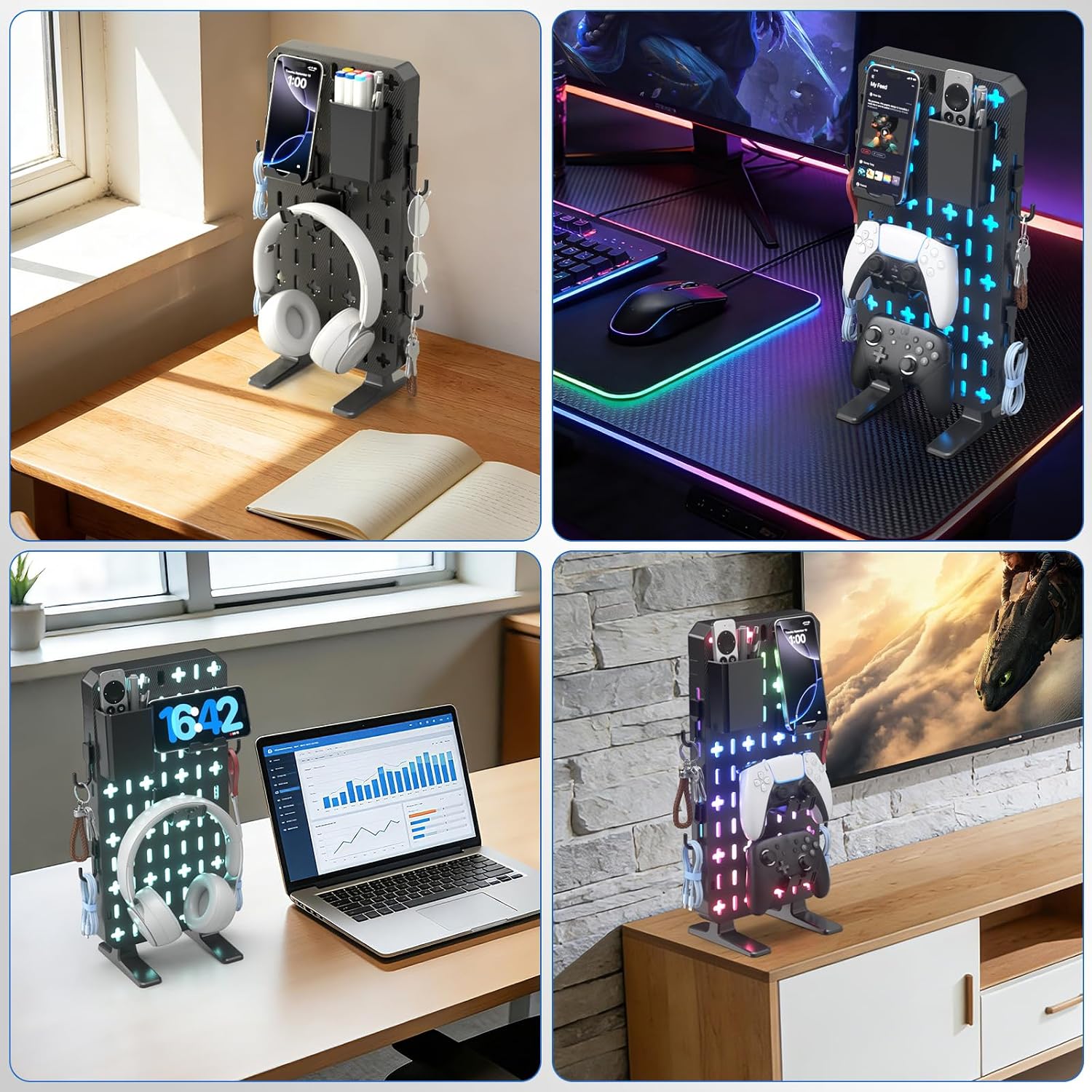 6 in 1 RGB Gaming Desk Accessories - No Drill Desk Organizer with Phone Stand/Storage Box/Headset & Controller