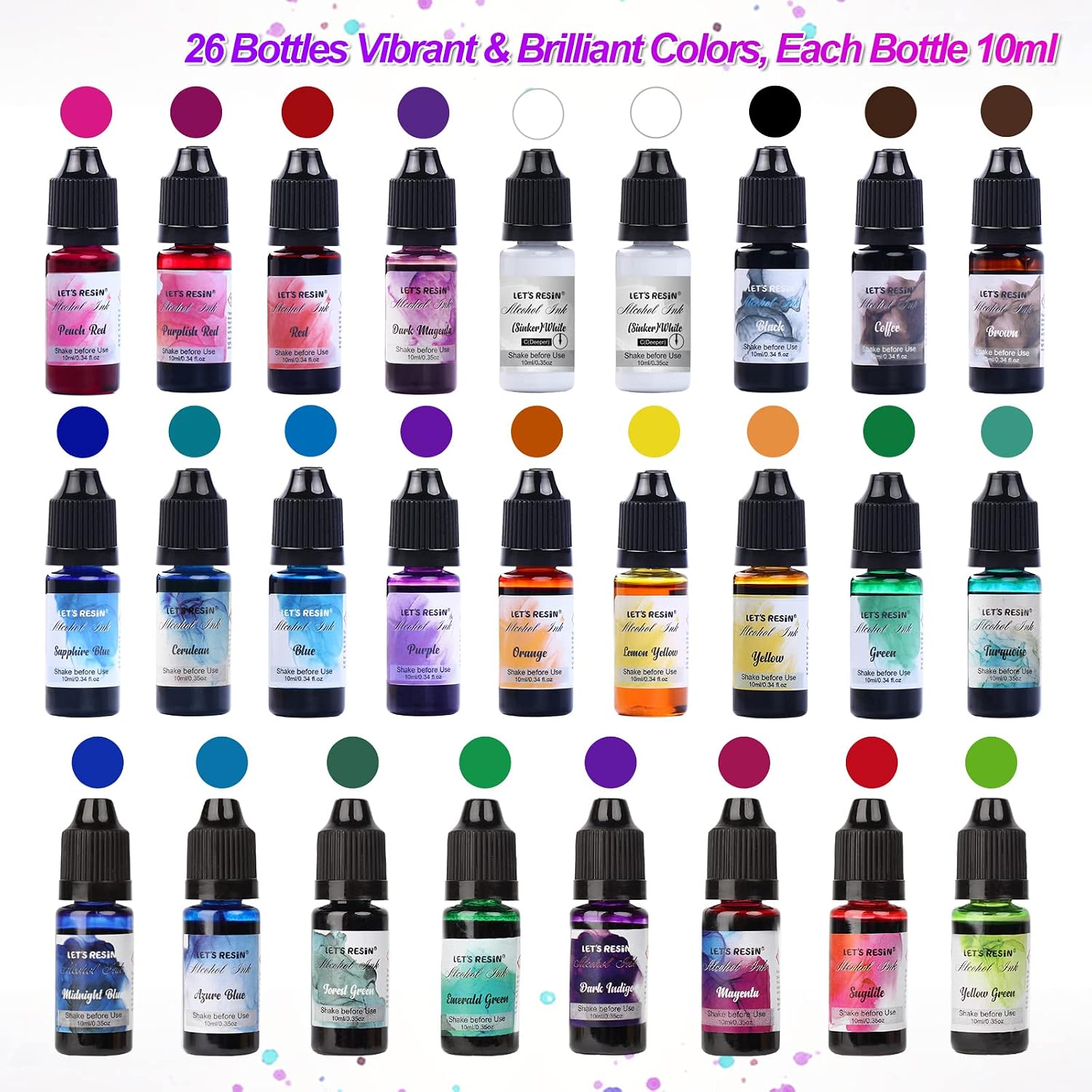 Concentrated Alcohol Ink Set, 26 Vibrant Colors (Each 0.35oz) | Alcohol-Based Resin Ink, Alcohol Paint Resin Dye for