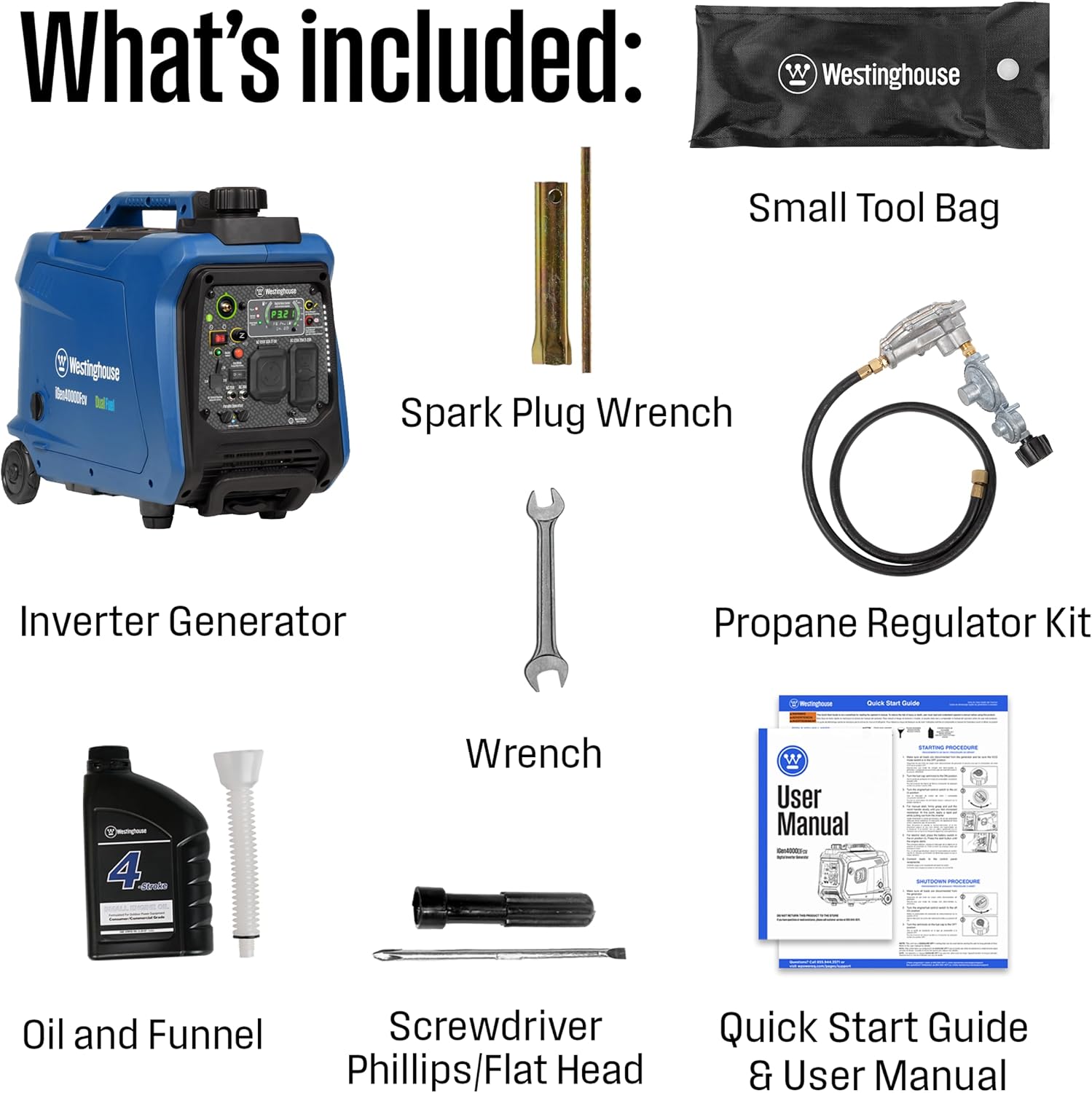 4000 Peak Watt Super Quiet Dual Fuel Portable Inverter Generator, Wheel & Handle Kit, Gas & Propane Powered, RV