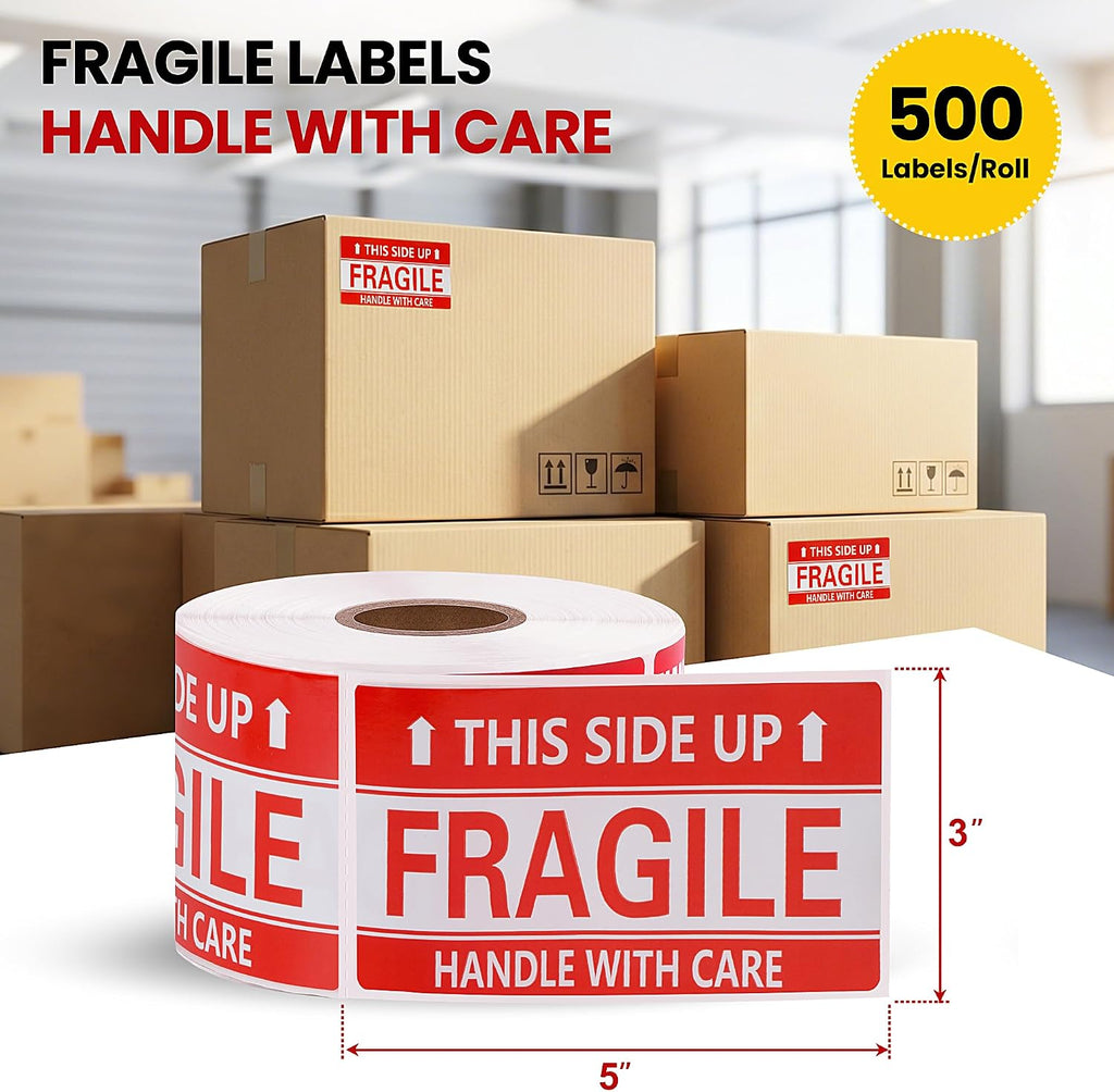 3 × 5 Inch Fragile Stickers Waterproof This Side Up Stickers Strong Adhesive Fragile Labels for Shipping Moving (500