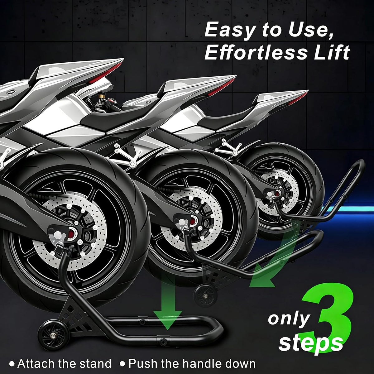 Motorcycle Rear Wheel Paddock Lift Stand, Matte Black, 500 LBS Capacity, U And L Shaped Support Adapters, 1.5 Inch