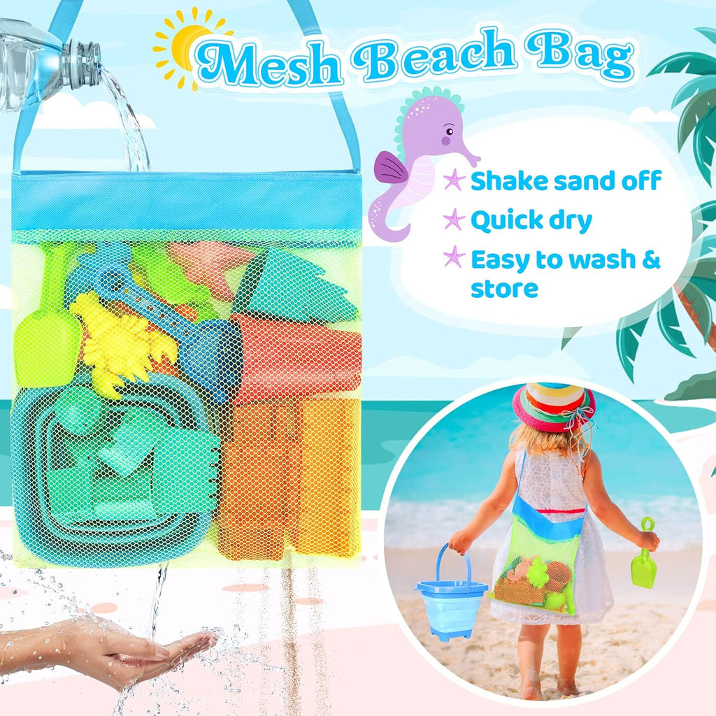 Collapsible Beach Toys for Kids Toddlers, Collapsible Sand Bucket and Shovels Set with Mesh Bag,Travel Sand Castle