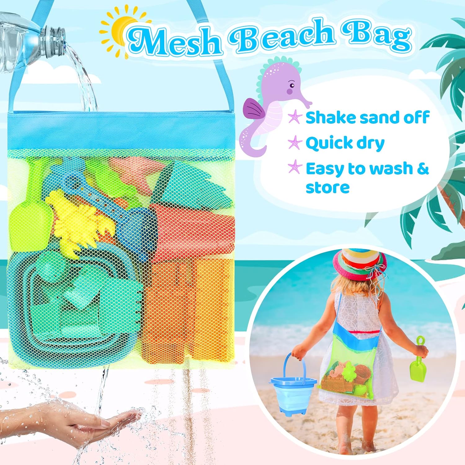 Collapsible Beach Toys for Kids Toddlers, Collapsible Sand Bucket and Shovels Set with Mesh Bag,Travel Sand Castle