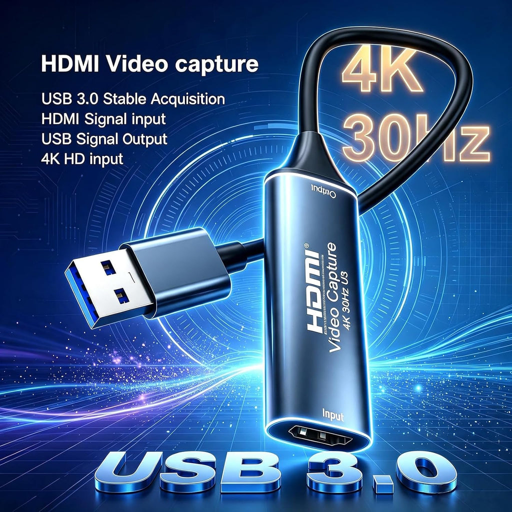 4K 30FPS HDMI Video Capture Card, HDMI to USB 3.0 Cam Link Game Audio Adapter, Low‑Latency Driver‑Free 1080P@60Hz
