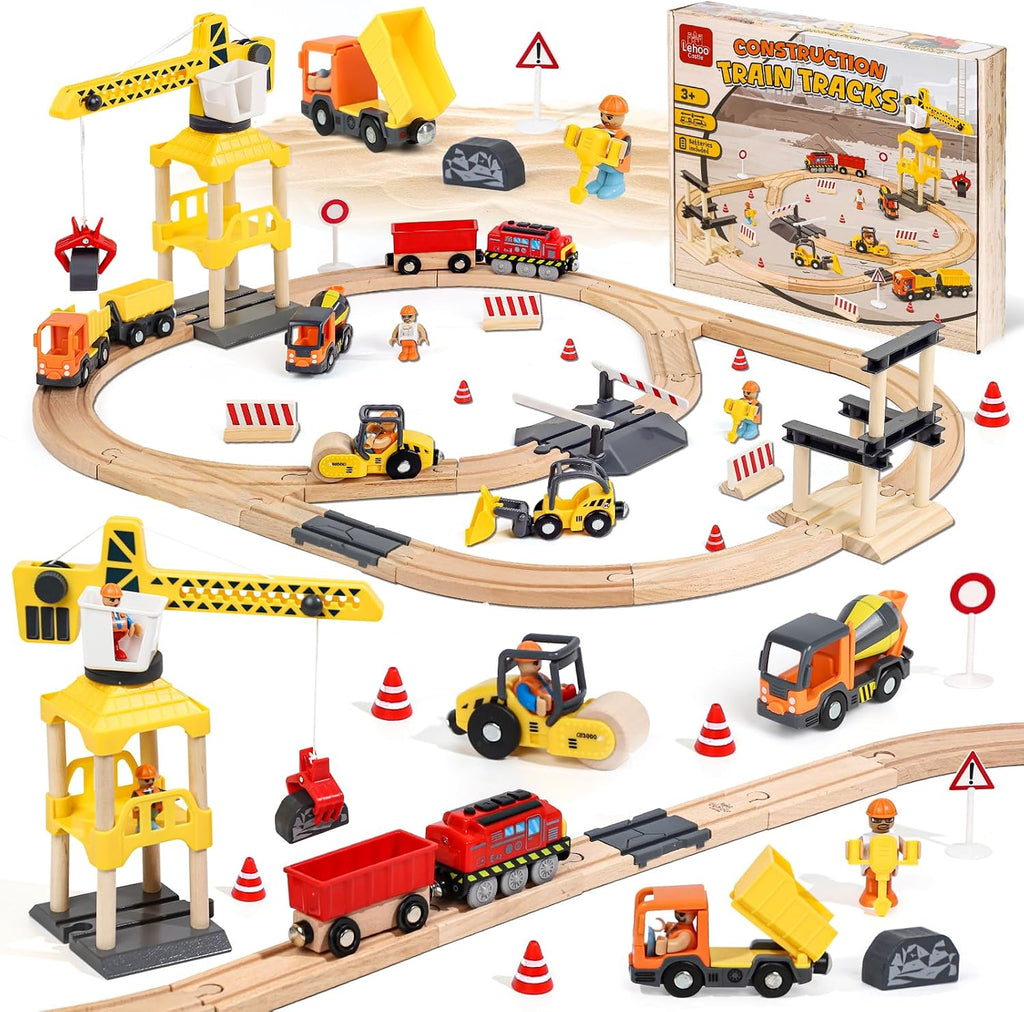 Wooden Train Set, Construction Toys for 3 Year Old Boys | Wooden Train Track Set for Kids w/Crane, Toy Train Railway