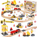 Wooden Train Set, Construction Toys for 3 Year Old Boys | Wooden Train Track Set for Kids w/Crane, Toy Train Railway