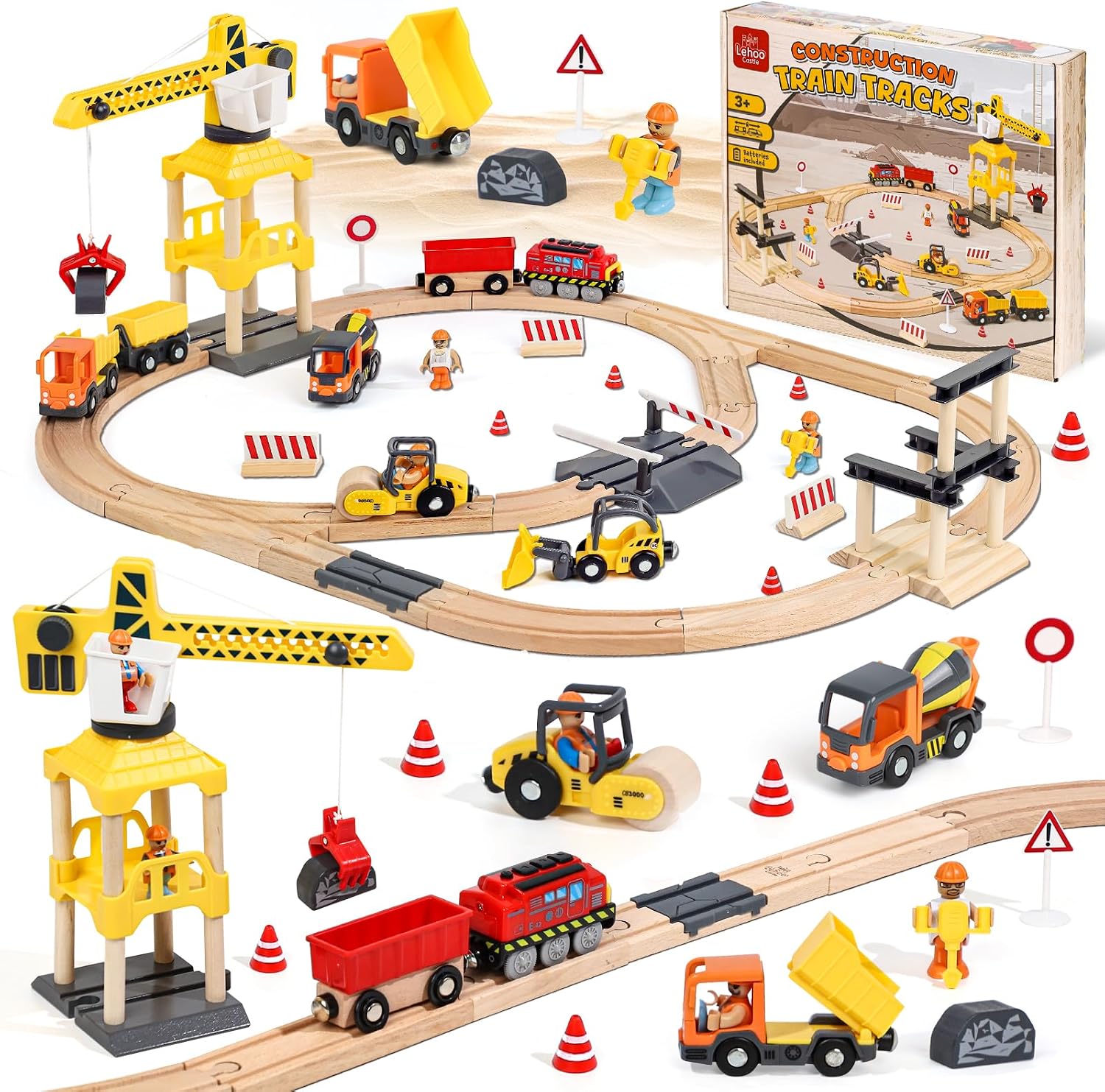 Wooden Train Set, Construction Toys for 3 Year Old Boys | Wooden Train Track Set for Kids w/Crane, Toy Train Railway