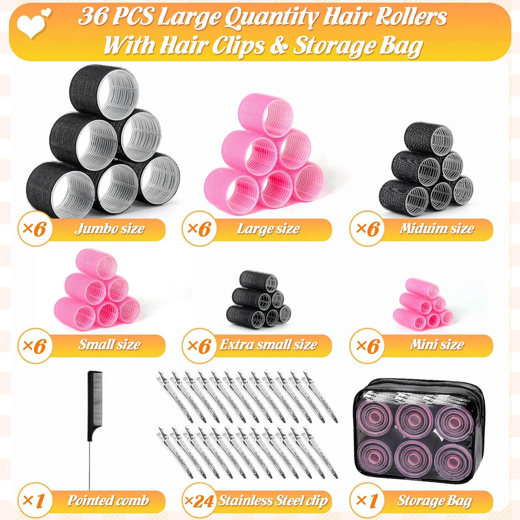 6 Sizes Self-Grip Hair Rollers,62 PCS Hair Curler Set with Clips | (20mm, 28mm, 36mm, 44mm, 55mm, 64mm) Self-Grip
