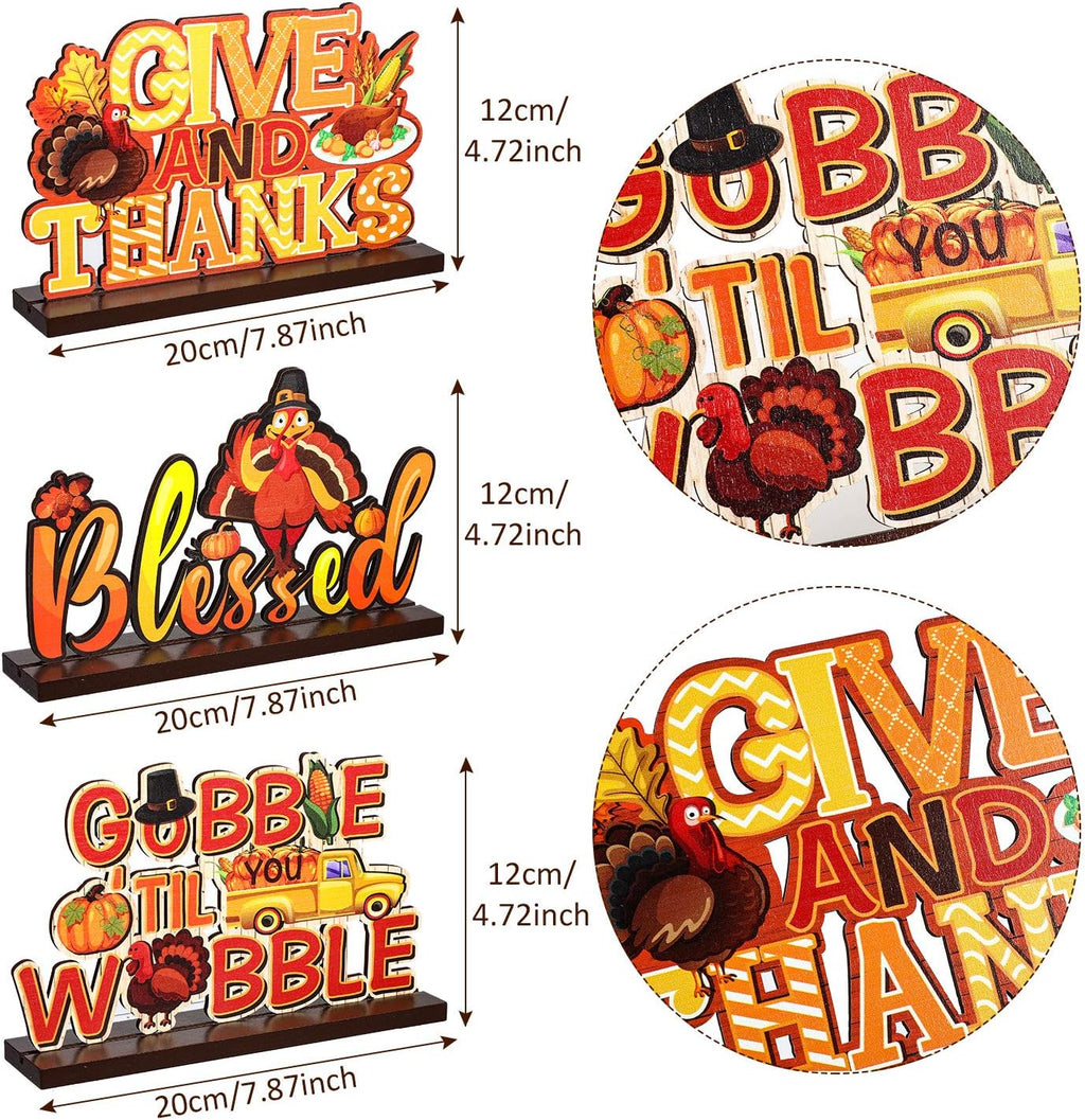 3 Pcs Thanksgiving Decorations Wooden Table Centerpieces for Home, Fall Pumpkin Maple Turkey Decors Signs for Autumn