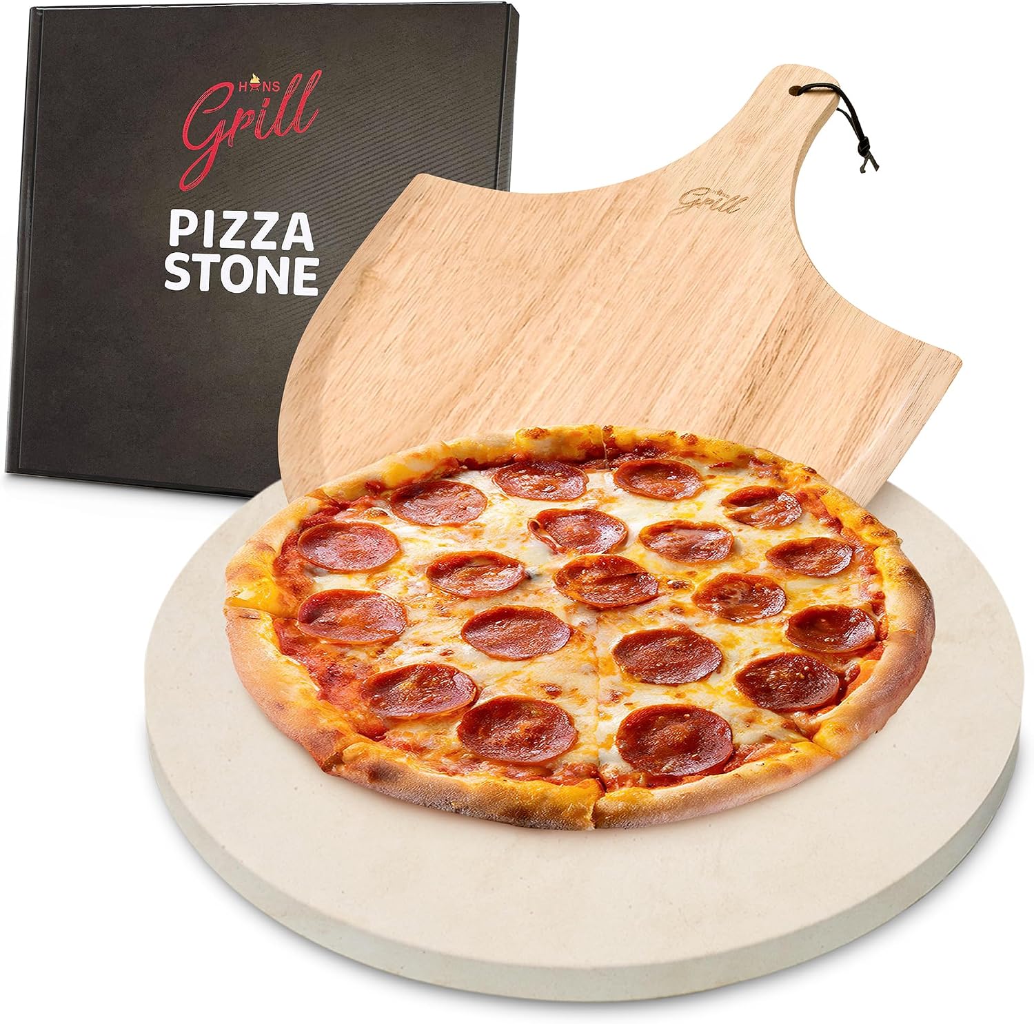 Circular Pizza Stone, 15 Inch Cordierite Stone with Wooden Peel