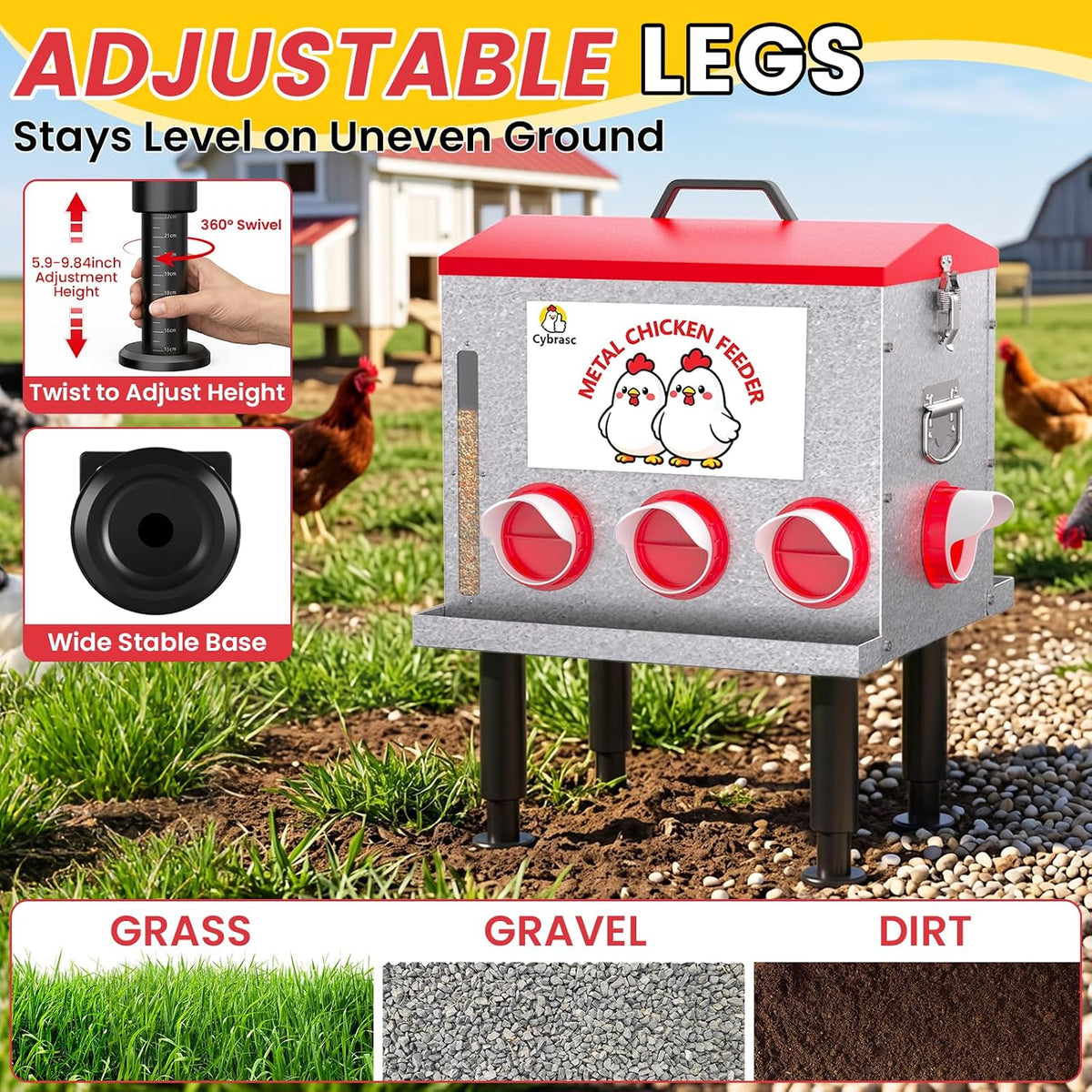 10-Gallon Metal Automatic Chicken Feeder with 8 No-Waste Feeding Ports