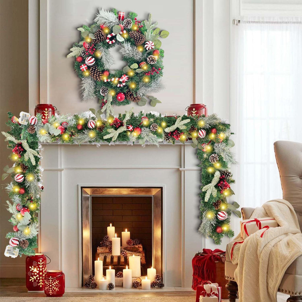 Pre-Lit 6 Feet/ 72 Inch Christmas Garland with Lights for Front Door Red White Christmas Mantel Garland Decoration