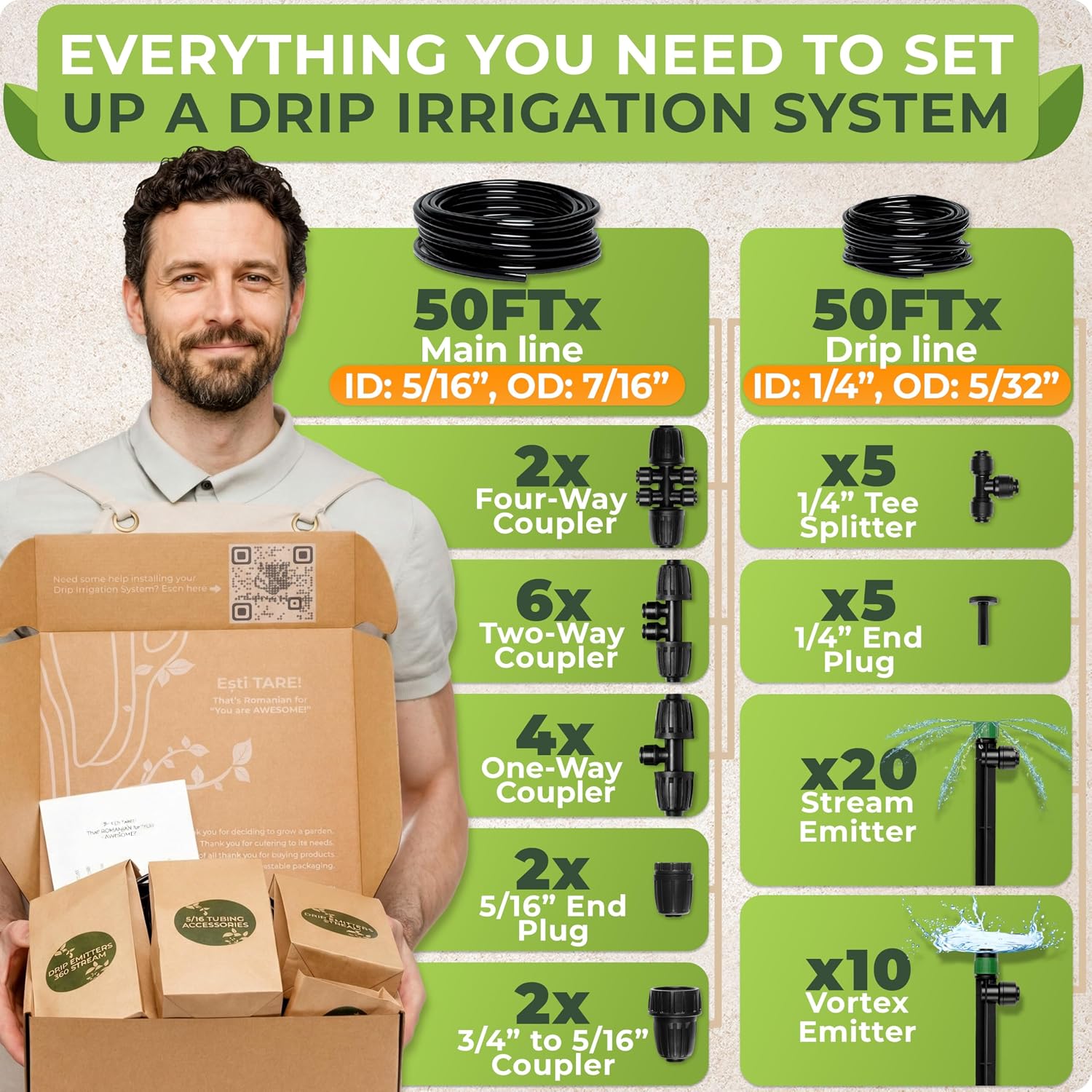 Drip Irrigation System Kit - Complete Quick Connect Garden Watering System with Adjustable Sprinkler Emitters, 5/16"
