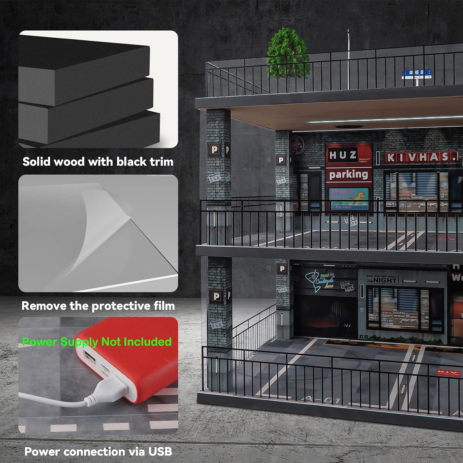 1:18 Scale Diecast Model Car Display Case Cabinet with USB Lights and Dust Cover,Diorama Garage Parking for Alloy