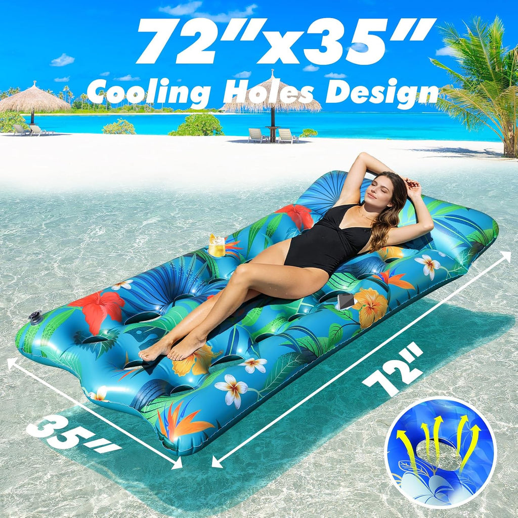 Pool Floats Lounger, 2 PCS 72''x35'' Ultra-Comfort Pool Rafts for Adults with Cooling Headrest and Cup Holders, Pool