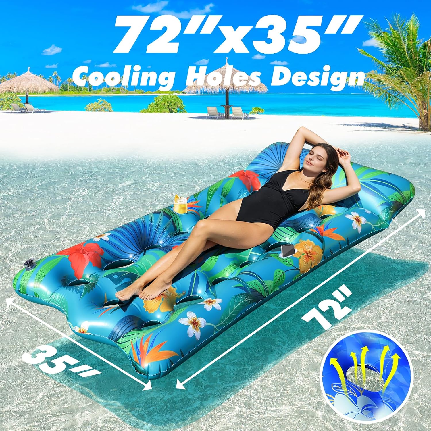 Pool Floats Lounger, 2 PCS 72''x35'' Ultra-Comfort Pool Rafts for Adults with Cooling Headrest and Cup Holders, Pool