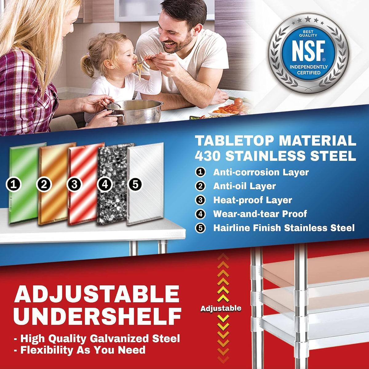30x48 Stainless Steel Work Table - NSF Certified Commercial Prep Table w/Adjustable Under Shelf - Kitchen Island