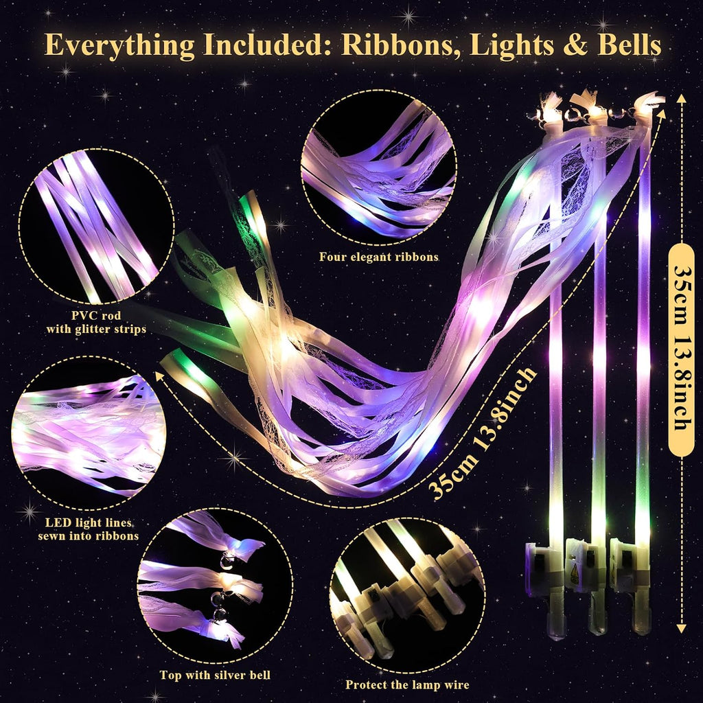 100 Wedding Send Off Light Up Wands with 4-Color LED Ribbons,Flashing Magic Wands with Bells & Streamers,Safe
