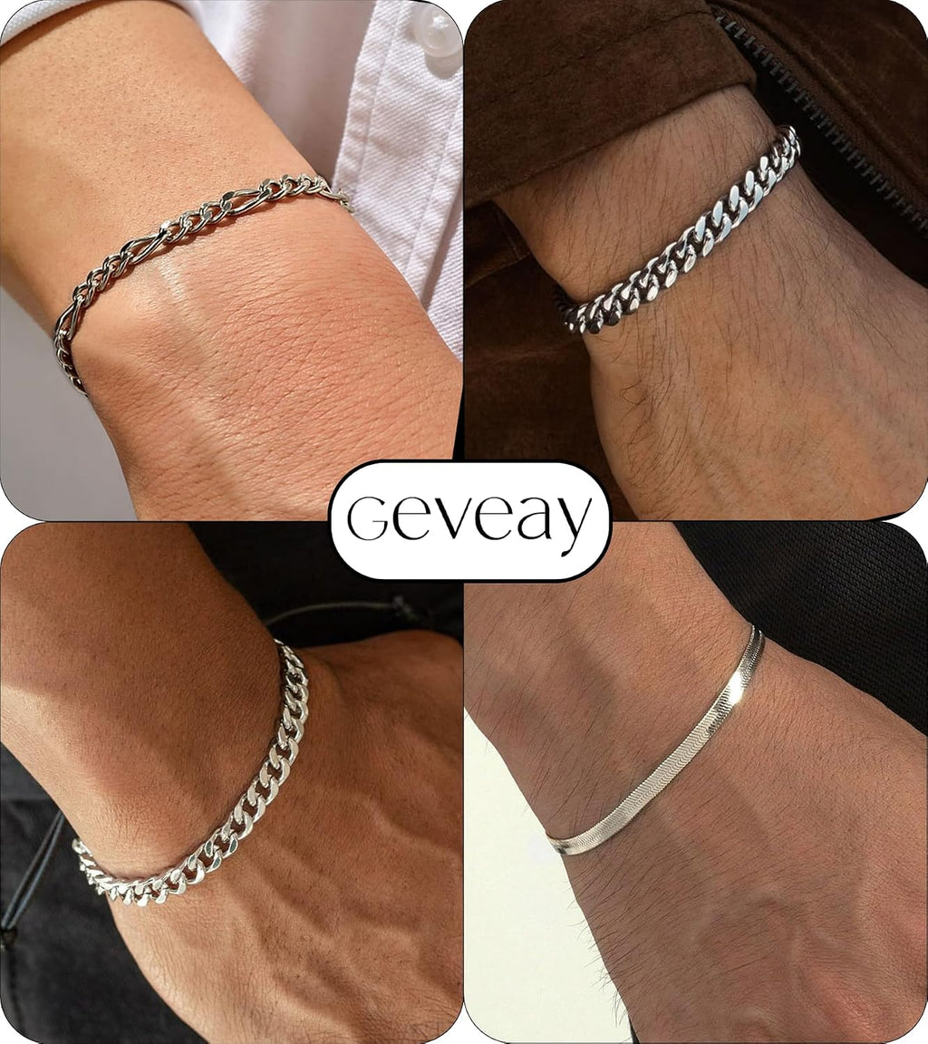 Men's Stainless Steel Silver Bracelets,6Pcs Adjustable Trendy Cuban Link Chain Bracelet Set Men Jewelry