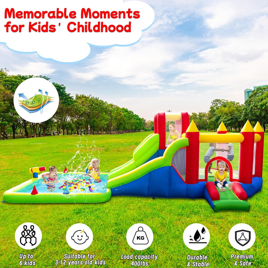 Inflatable Water Park Bounce House with Wet Water Slide & Dry Ramp | Combines 3 Slides,Bouncer, Climbing Wall,Top