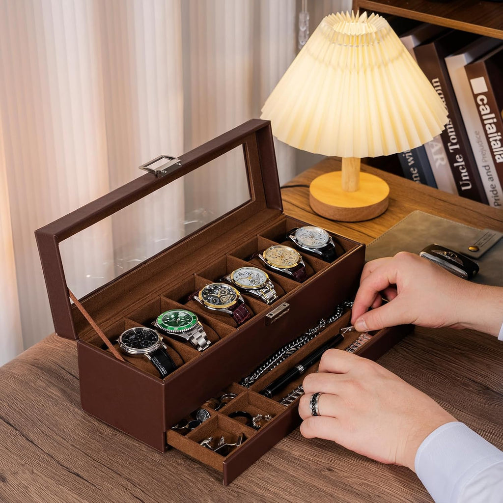 Watch Box, 6 Slot Watch Display Case with Drawer -Espresso | Mens Watches Case with Glass Lid, 2-Layer Mens Jewelry