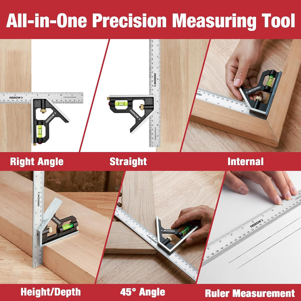 Arrow Combination Square, 12-Inch Combo Square with Bubble Level | Stainless Steel Ruler, Zinc Alloy Body, Carpenter