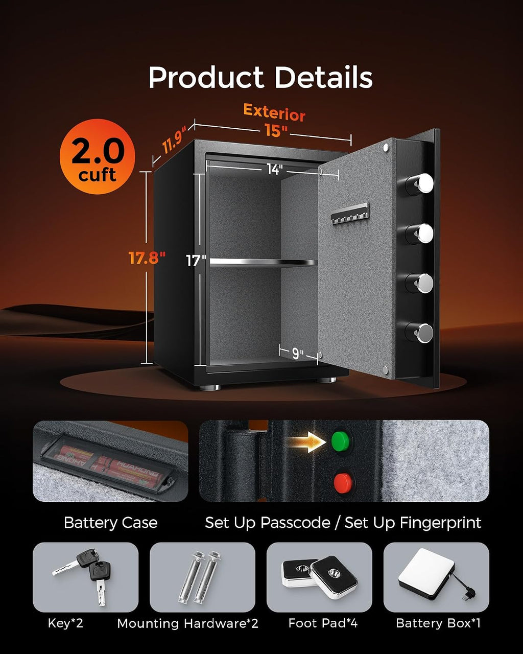 Fireproof Safe, 2.0 Cubic Feet Biometric Fingerprint Fire Proof Safes Box for Home Documents Money, Digital Touchpad