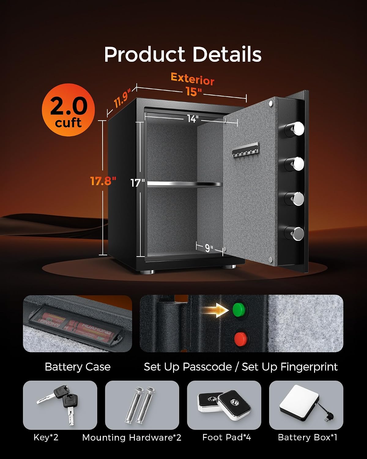 Fireproof Safe, 2.0 Cubic Feet Biometric Fingerprint Fire Proof Safes Box for Home Documents Money, Digital Touchpad