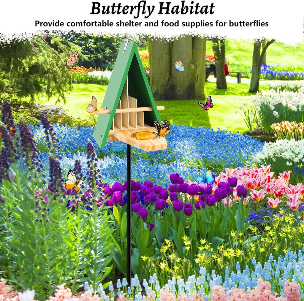 New Butterfly House and Feeder, Wooden Butterfly House with Metal Stake