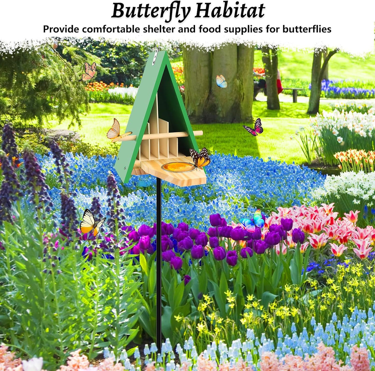 New Butterfly House and Feeder, Wooden Butterfly House with Metal Stake