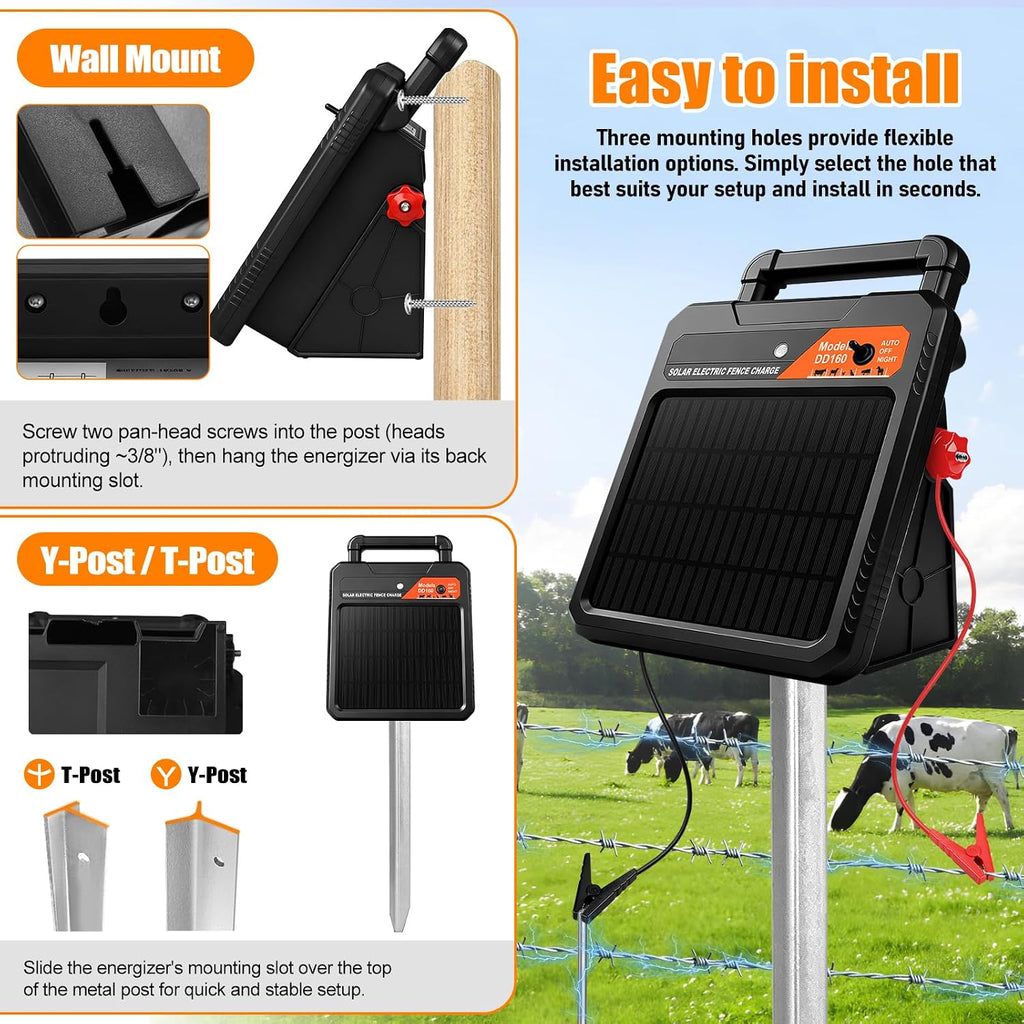 10 Mile Solar Electric Fence Charger, 0.16J Output with Auto/Night Mode, 8.1KV Max Voltage, Front Switch Design with